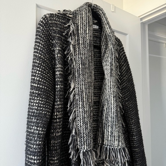 Vince black & white long wool tweed fringe sweater jacket - size Large (L) - Picture 5 of 12